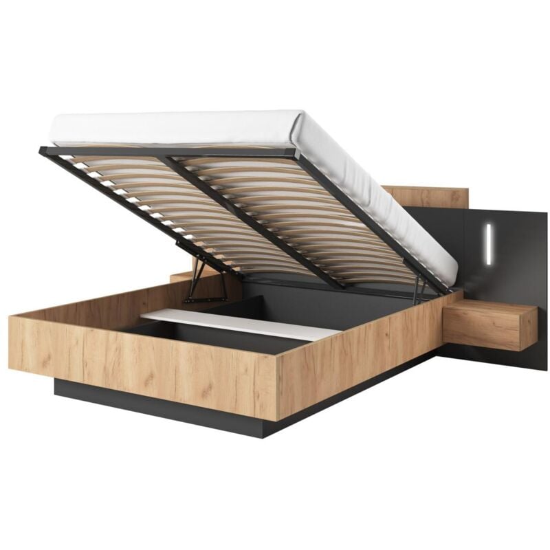 Lit coffre avec chevets 140 x 190 cm - 2 tiroirs - Avec LEDs - Coloris : Naturel et anthracite - FRANCOLI
