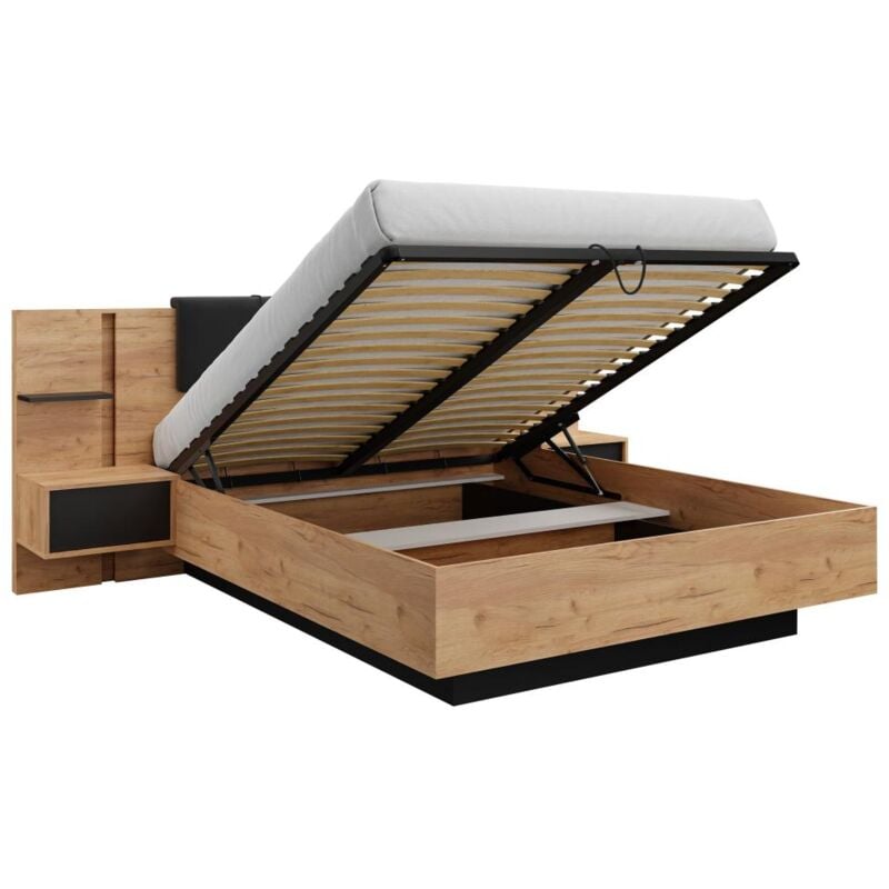Vente-unique - Lit coffre avec chevets 160 x 200 cm - Avec LEDs - Coloris : Naturel et anthracite - elynia