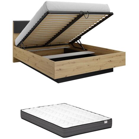 Lit coffre avec chevets 160 x 200 cm - Avec LEDs - Coloris : Naturel et noir + Matelas - ARIADA