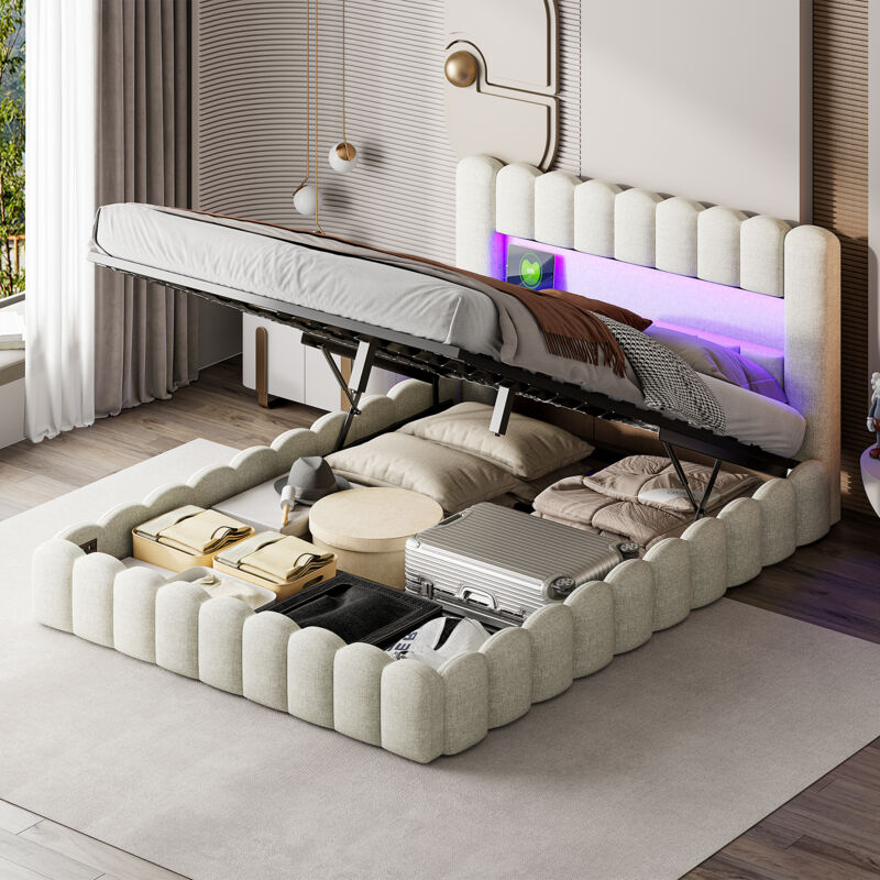FOERPL-Lit Coffre 140x200cm avec LED et USB/Type-C, Lit Double Rembourré140x200 avec Rangement Hydraulique, Lit 140x200 avec Coffre de Lit et Sommier