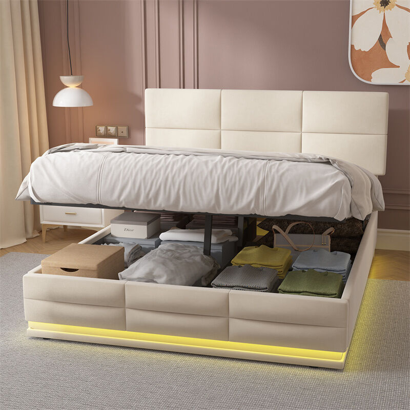 Lit coffre avec lumières led et chargeur usb, en velours, avec sommier à lattes et tête de lit, beige 160x200cm