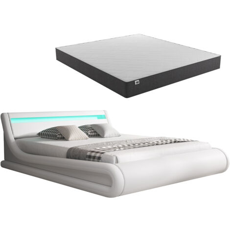Lit Coffre avec Matelas Texas  Lit Adulte  Couleur Blanc avec LED  Matériaux bois et simili cuir  Coffre de rangement  Modèle Parisina  180x200cm