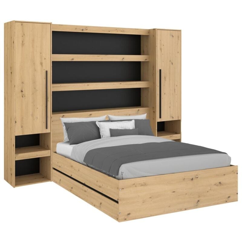 Vente-unique - Lit coffre 140 x 190 cm ludaro avec pont de lit varly - Coloris : Naturel et noir