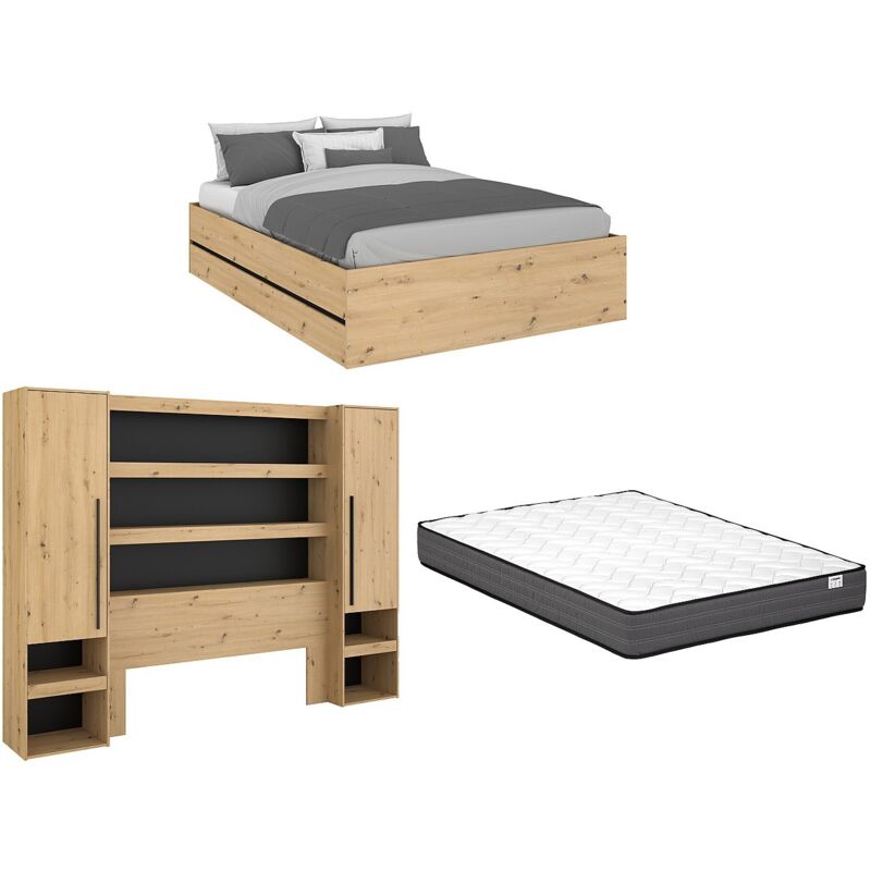 Lit coffre avec pont 140 x 190 cm - Coloris : Naturel et noir + Matelas - LUDARO