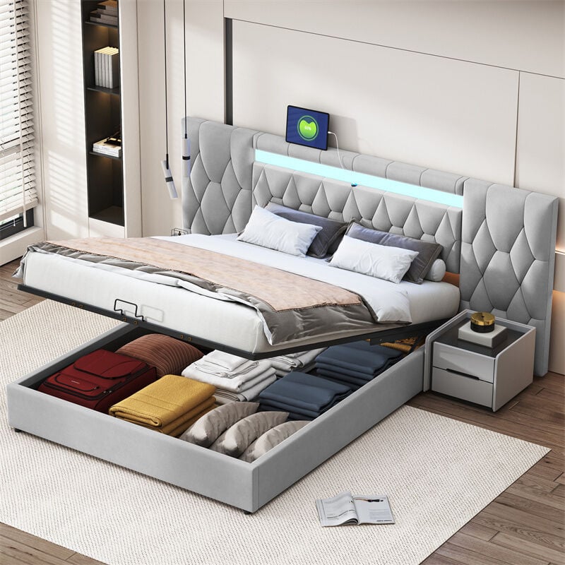 Lit coffre avec prise usb et led, sommier à lattes et tête de lit longue avec grand dossier, style élégant, velours, gris 160x200cm