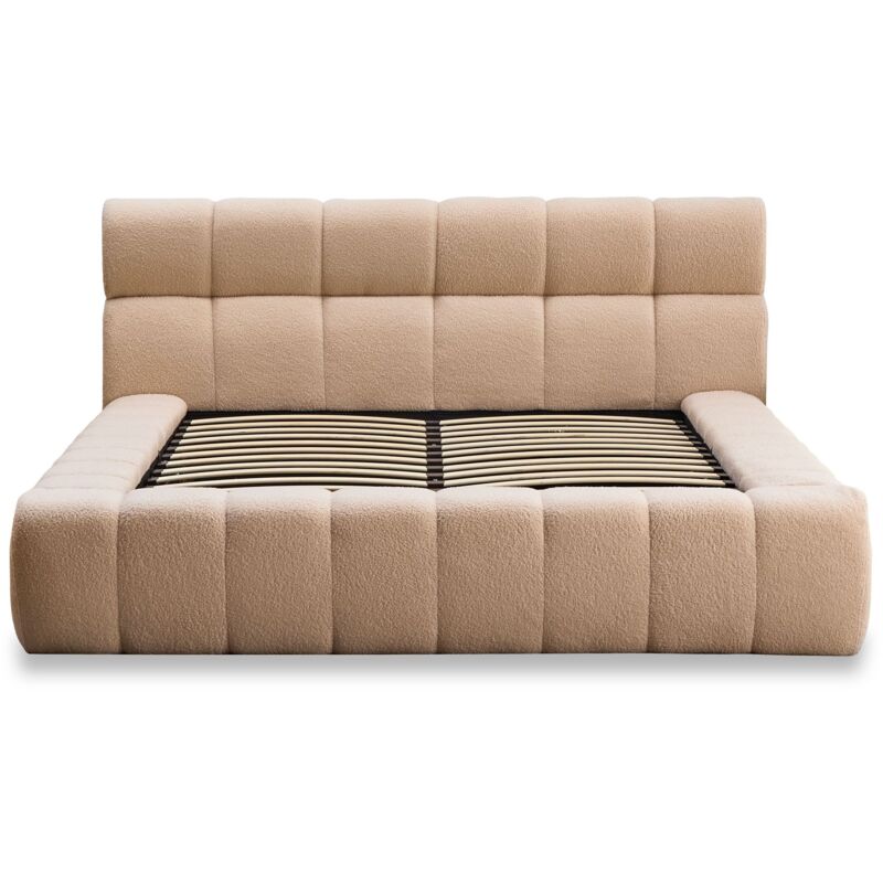 Cotecosy - Lit-coffre avec rebords matelassés Challow 140x190cm Tissu Bouclette Beige