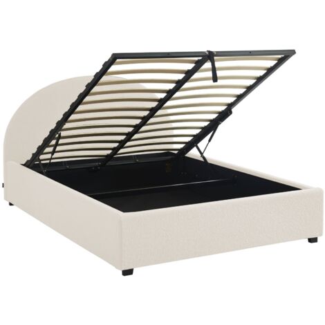 Lit coffre avec sommier à lattes et tête de lit. finition bouclette. blanc. L 206 x P 153.5 x H 102cm