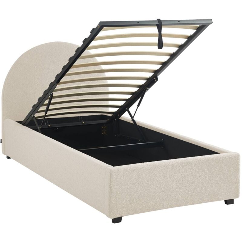 Lit coffre avec sommier à lattes et tête de lit. finition bouclette. blanc. L 206 x P 104 x H 102cm