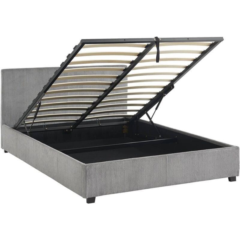 Lit coffre avec sommier à lattes et tête de lit. finition velours côtelé gris. l 202 x p 148 x h 86cm