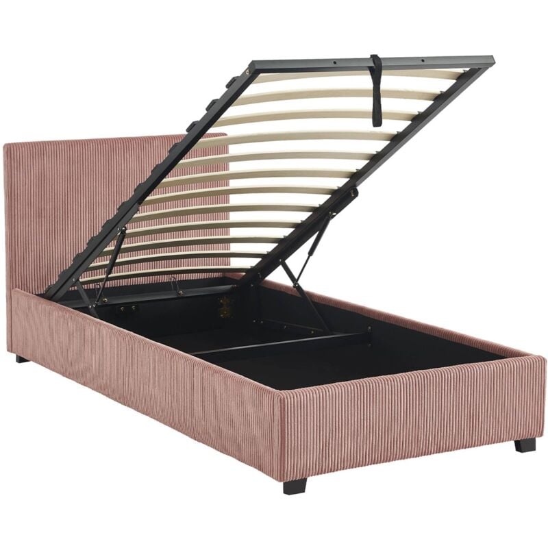 Sweeek - Lit coffre avec sommier à lattes et tête de lit. finition velours côtelé rose. l 202 x p 97.5 x h 86cm