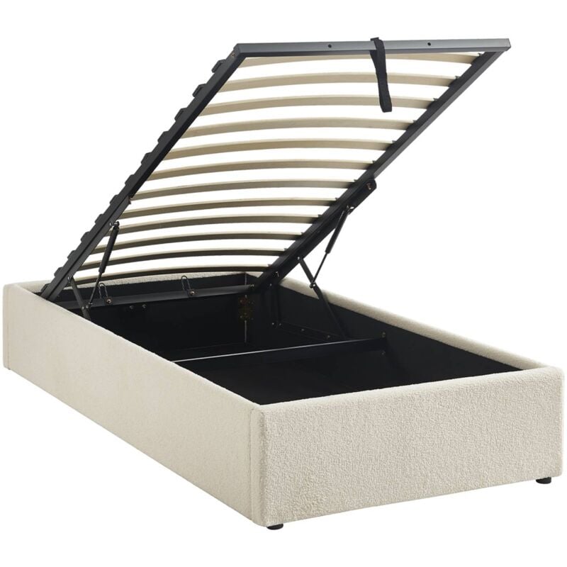 Sweeek - Lit coffre avec sommier à lattes. finition bouclette. blanc. l 203 x p 97 x h 32cm