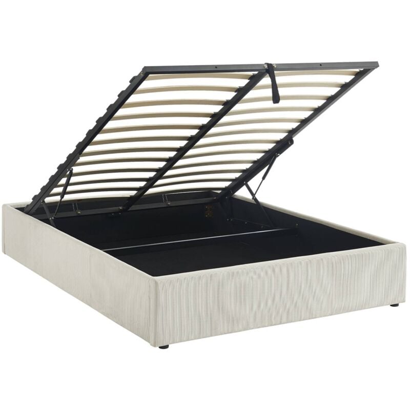 Sweeek - Lit coffre avec sommier à lattes. finition velours côtelé blanc. l 204 x p 148 x h 32cm