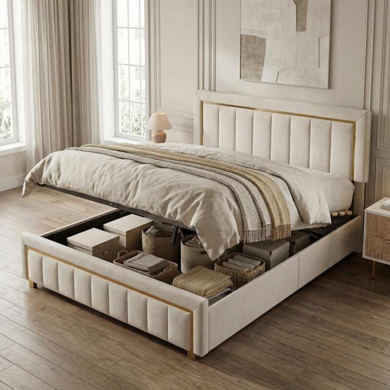 Lit coffre 140x200, lit double capitonné, lit adulte avec rangement hydraulique, décoration bordure dorée, velours, sommier Inclus, style élégant