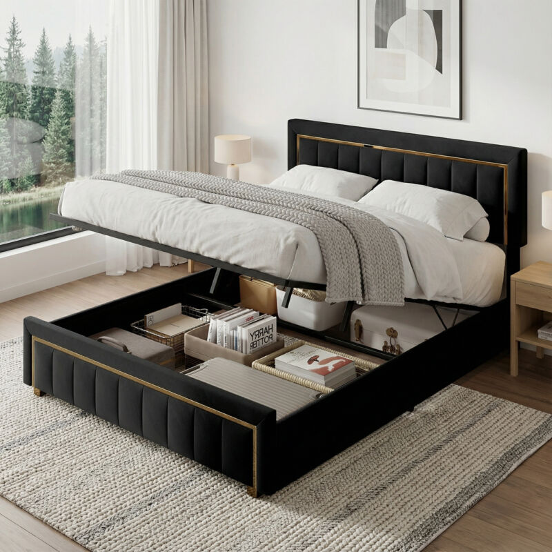 Lit coffre 160x200, lit double capitonné, lit adulte avec rangement hydraulique, décoration bordure dorée, velours, sommier Inclus, style élégant