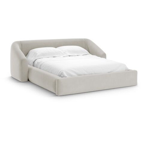 Lit coffre avec tête de lit 200x140cm en velours beige foncé