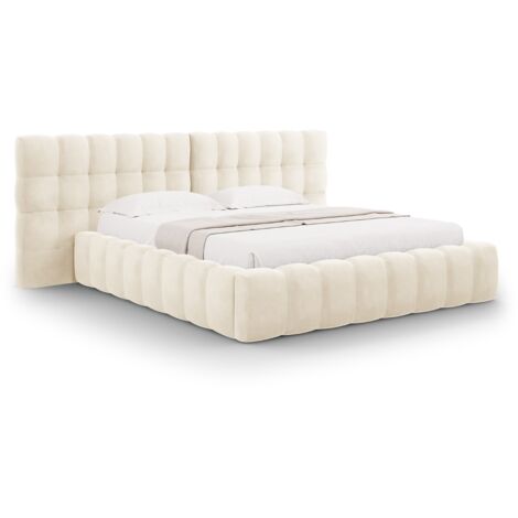 Lit coffre avec tête de lit double 160x200cm velours beige clair