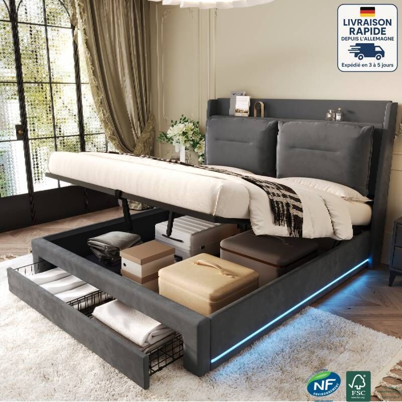 Modfu - Lit coffre avec tiroirs 140x190cm, lit double led, velours, sans matelas, lit adulte, gris foncé