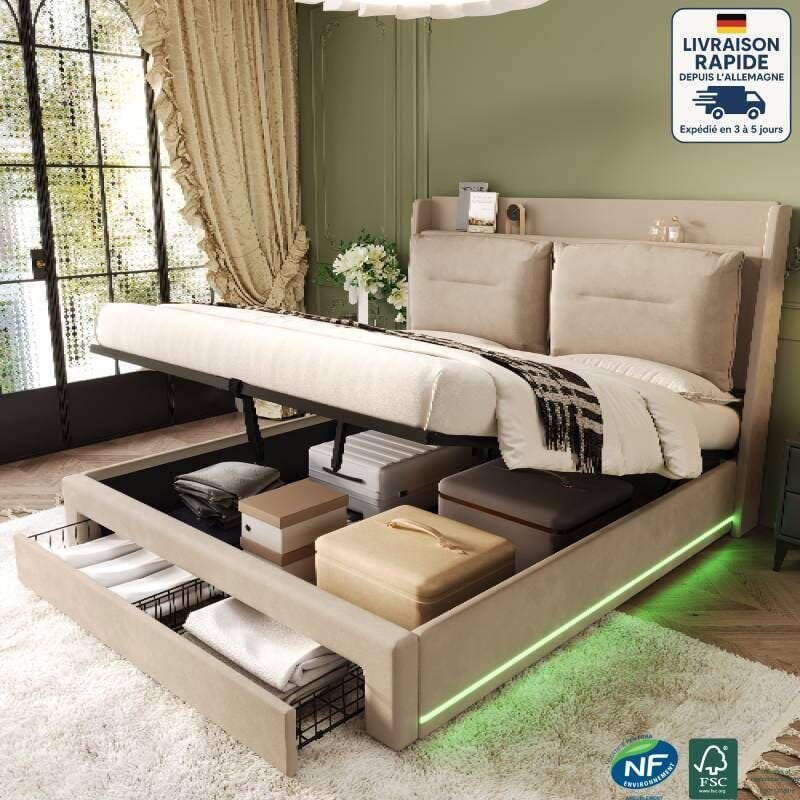 Lit coffre avec tiroirs 140x190cm, lit double led, velours, sans matelas, lit adulte, beige