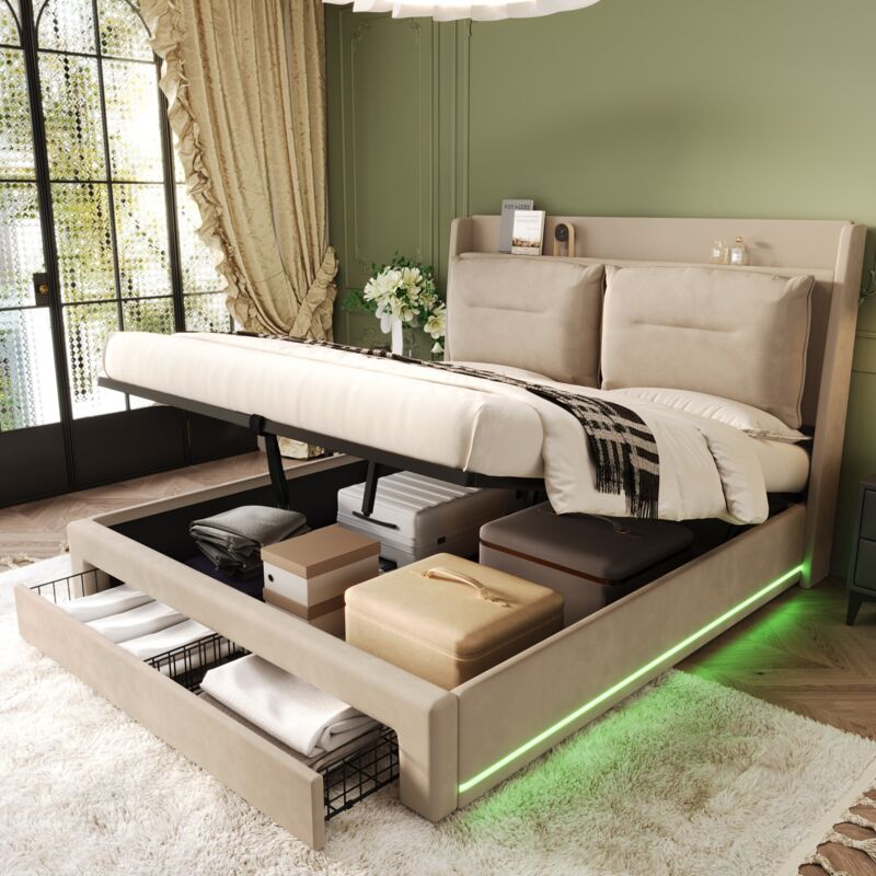 Modfu - Lit coffre avec tiroirs, lit double led, velours, sans matelas, lit adulte, beige, 180x200cm
