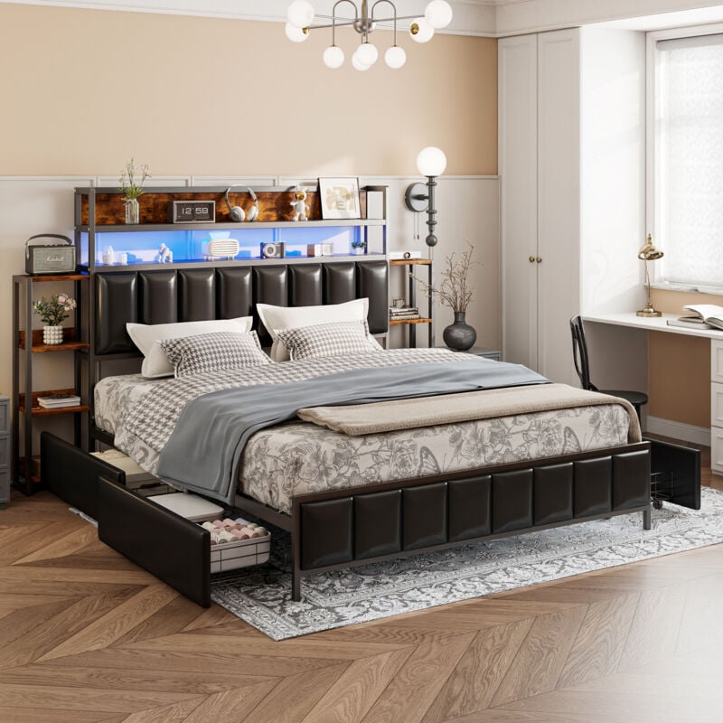 Lit coffre avec tiroirs, led, compartiments de rangement des deux côtés du chevet, cadre fer, lit adulte 160x200 cm, noir - a