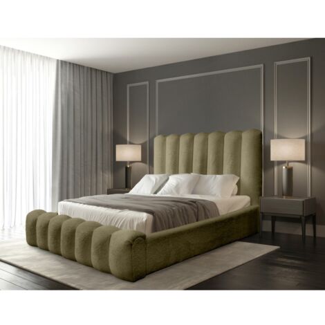 Lit coffre BADJA – Tissu bouclé Sauge sèchée – 140x200 cm – Sommier relevable – Design haut de gamme