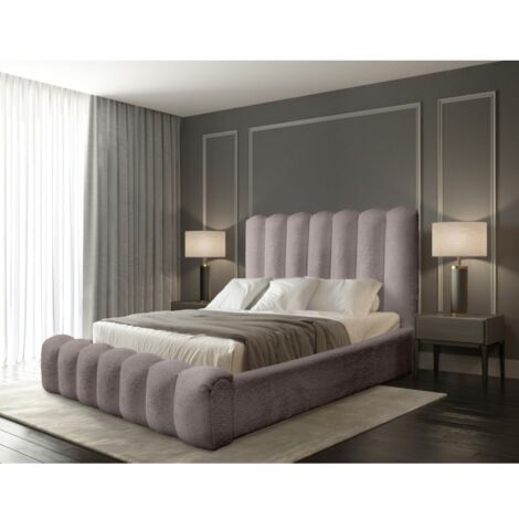 Lit coffre BADJA – Tissu bouclé Taupe cendré – 160x200 cm – Sommier relevable – Design haut de gamme