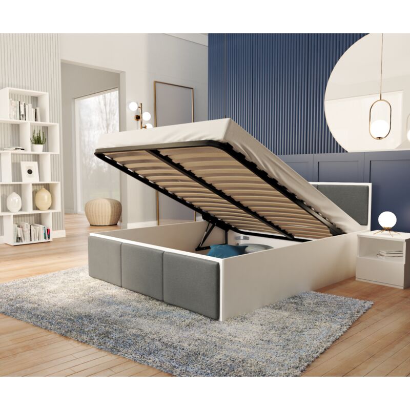 Nova Confort - Lit coffre barcelona 140 x 190 cm avec sommier à lattes relevable Blanc - Gris foncé
