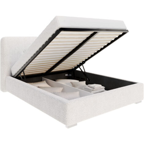 Lit Coffre Bedretto 140 x 190 cm - Tissu bouclette - avec sommier à lattes relevable Blanc