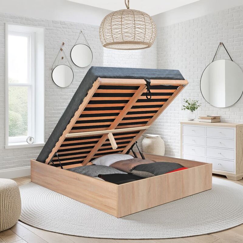 Lit coffre bilbao 140x190 cm + sommier / Décor chêne blanchi/ 196x146x33 cm