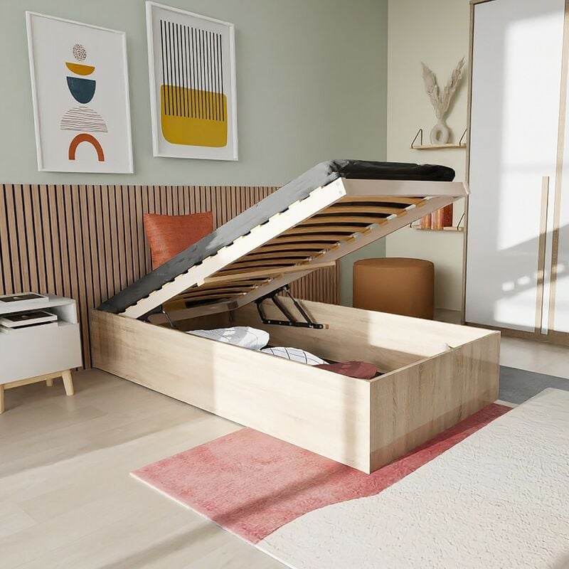 Lit coffre bilbao 90x200 cm + sommier / Décor chêne blanchi/