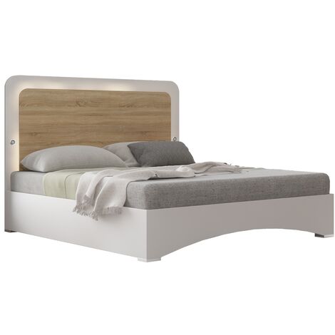Lit coffre blanc brillant et bois naturel avec Led Dova-140x190