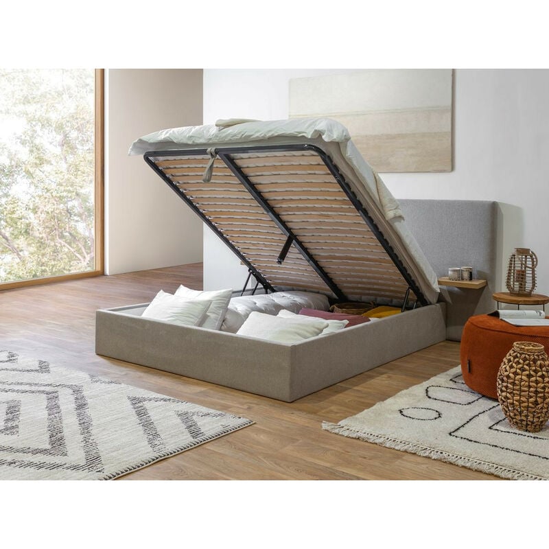 Bobochic - Lit Lit coffre blandine tissu texturé avec tablettes chevets 140x190 Gris clair - Gris clair