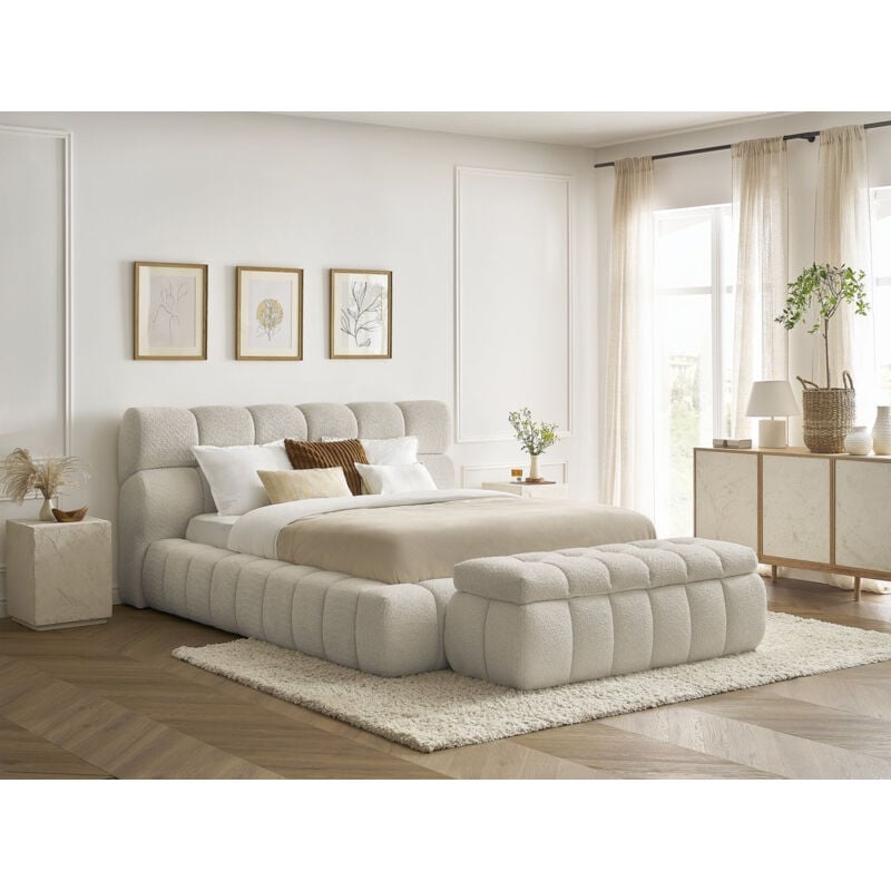 Bobochic - Lit coffre mont-blanc + Bout de lit mont-blanc tissu bouclette 160x200 + bout de lit 140 Beige