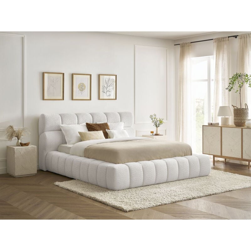 BOBOCHIC - Lit coffre MONT-BLANC tissu bouclette 140x190 Blanc
