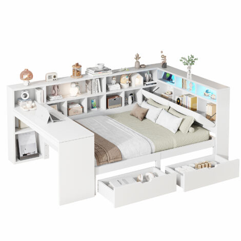 Lit coffre bois en 140x200 cm avec bureau bibliothèque tête de lit capitonnée tiroirs intégrés éclairage led, structure bois blanc