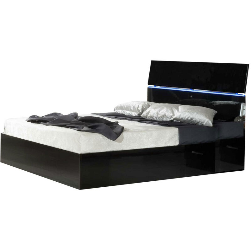 Lit coffre bois noir laqué et tête de lit noire laquée avec led Mona-Couchage 160x200 cm