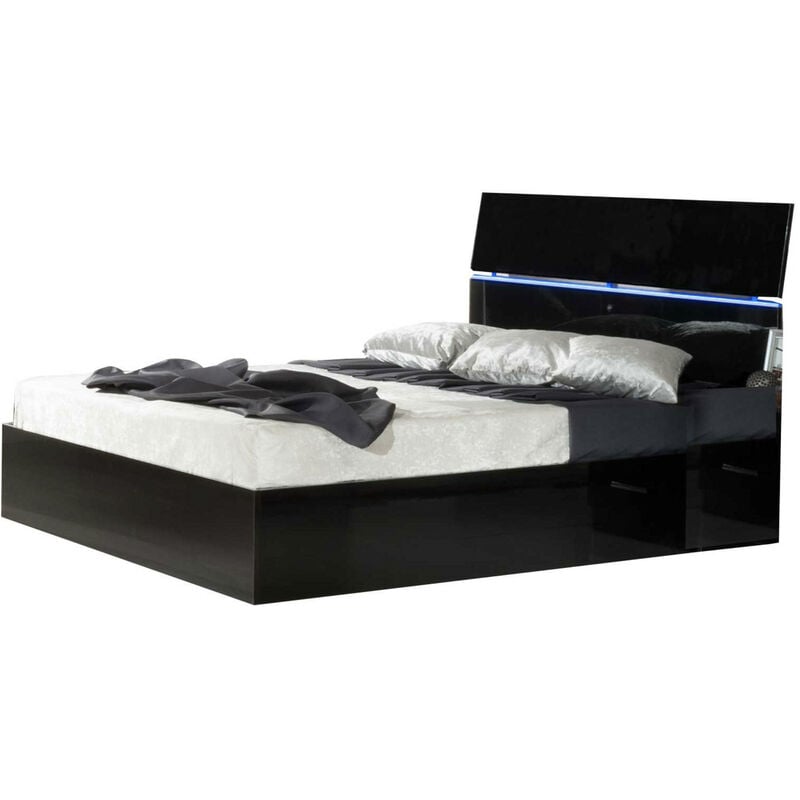Lit coffre bois noir laqué et tête de lit noire laquée avec led Mona-Couchage 140x190 cm