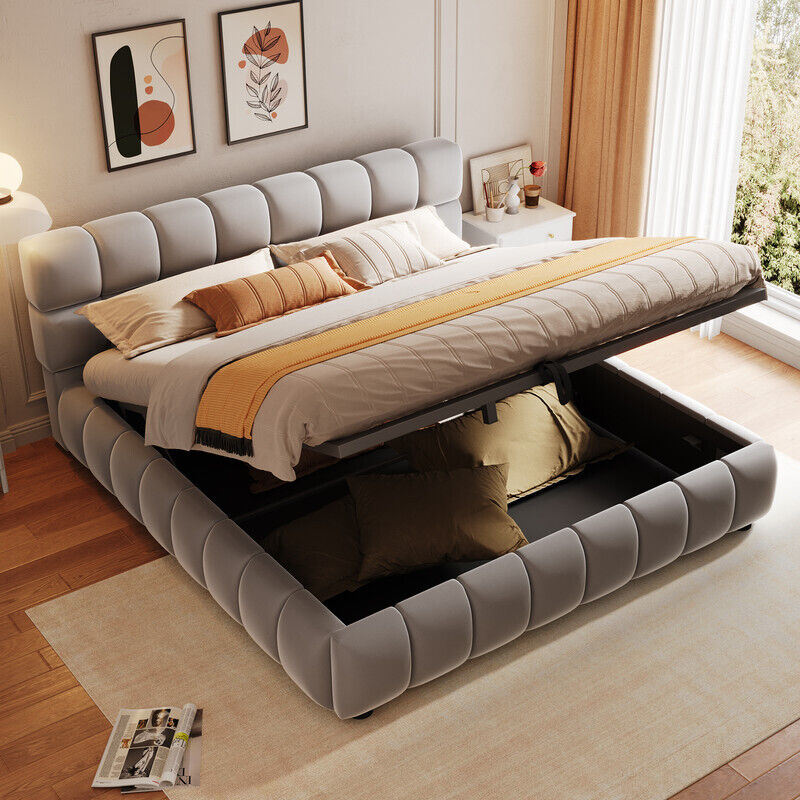 Lit coffre capitonné 140 x 200 cm - lit double - Velours - Beige (matelas non inclus)