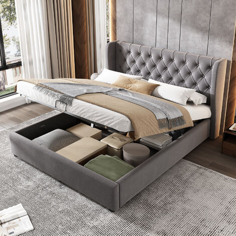 Lit coffre capitonné 140 x 200 cm - avec sommier à lattes, tête de lit en forme d'oreille, lit double hydraulique, velours - Gris - LBF