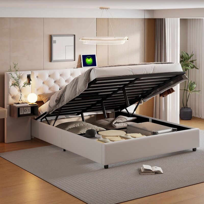 Lit coffre capitonné 160x200 cm - Sommier à lattes en bois massif, velours, avec liseuse, 2 tables de chevet et port usb - Beige