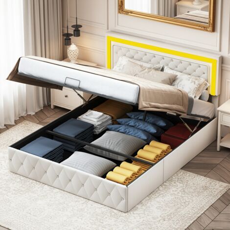 Lit coffre capitonné 140x190 cm, tête de lit décorée losanges avec lumières LED, coffre hydraulique, sommier à lattes, base métal, lit double style scandinave - Beige