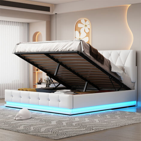 Lit coffre capitonné 140x200 cm avec éclairage LED - coffre de lit à levage hydraulique & sommier à lattes & tête de lit prismatique housse en similicuir - lit adulte blanc