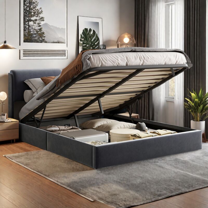Sureh - Lit coffre capitonné 160x200 cm avec rangement, éclairage led, lit double, lit adulte rembourré, sommier à lattes, Velours, Gris