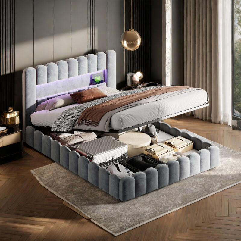 Sureh - Lit Coffre Capitonné 180x200 cm lit double avec hydraulique espace de rangement, led réglable,sommier à lattes,tête de lit rayée,lit adult