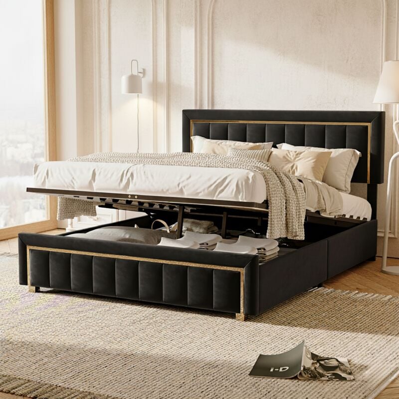 Lit coffre 140x200cm - lit double avec Tête de lit à grain vertical, sommier à lattes, espace de rangement linge de lit cadre de lit, lit ado - Noir