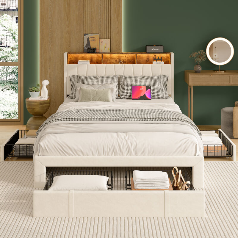 Blanketswarm - Lit Coffre Capitonné 140x200, Lit Double 140x200 Lit Adulte Led avec Prise Lit avec Tiroirs Lit Adulte Capitonne Cadre de Lit Cadre a