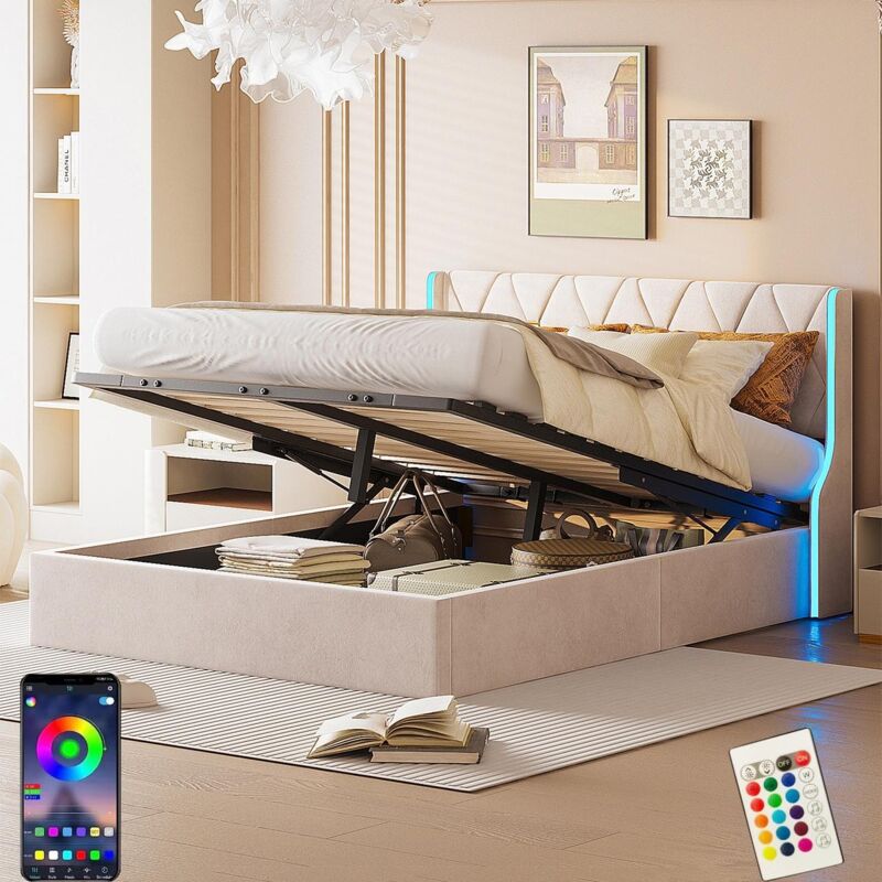 Lit coffre capitonné 140x200 cm, avec éclairage led, hydraulique espace de rangement, sommier à lattes, style moderne, tissu velours, lit double