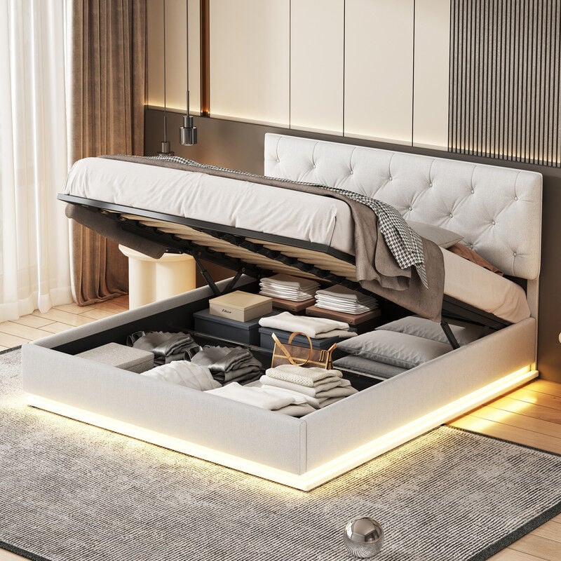 Lit coffre capitonné 160x200cm, avec éclairage led, lit adulte coffre, tête de lit réglable, sommier à lattes en bois massif, lit double rembourré