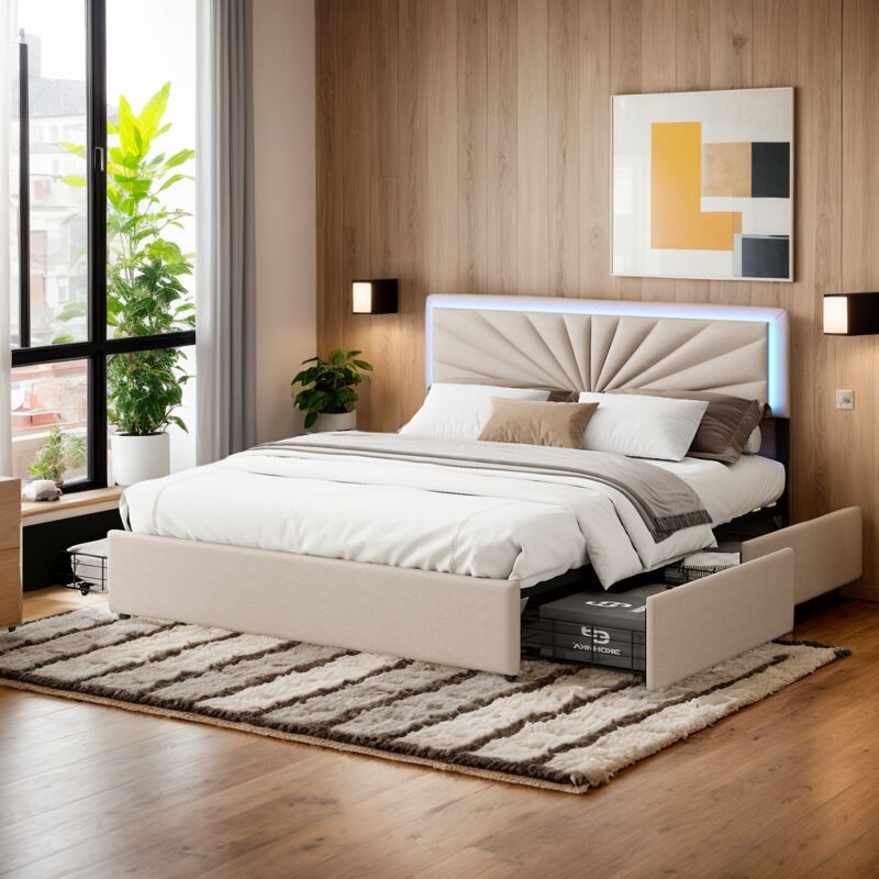 Lit coffre capitonné 140x200cm avec tiroirs,lit 2 Personnes led avec rangement,4 tiroirs,cadre de lit avec sommier à lattes,tissu lin,beige