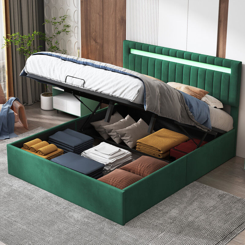 Lit coffre capitonné 140x200cm, lit adulte avec éclairage led, lit double lit rembourré, avec rangement et tête de lit, lit hydraulique velours, base